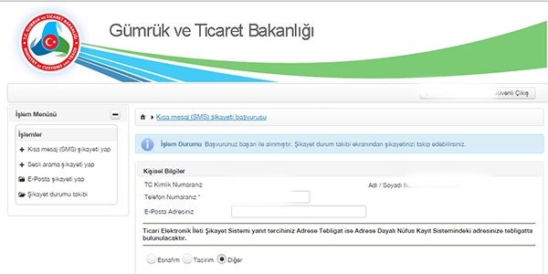 Reklam Mesajlarını'ini şikayet sayfasındaki Eksiklik