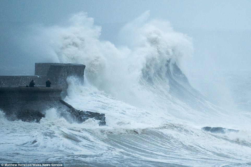 Huge gusts are expected around exposed coastal areas in the west, but even inland areas will see winds reaching up to 60mph, particularly in northern England. Pictured are large waves crashing into the pier at Porthcawl
