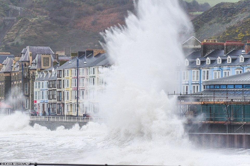Gusts of up to 70mph battered the western coasts, including Aberystwyth bringing the possibility of property damage and travel disruption