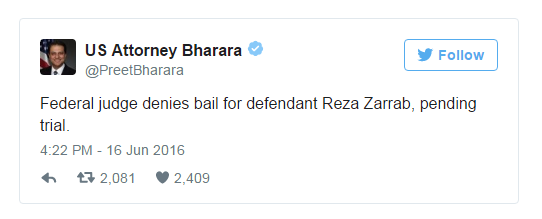 Rıza Sarraf'ın Kefaletle Serbest Bırakılma Talebine Ret