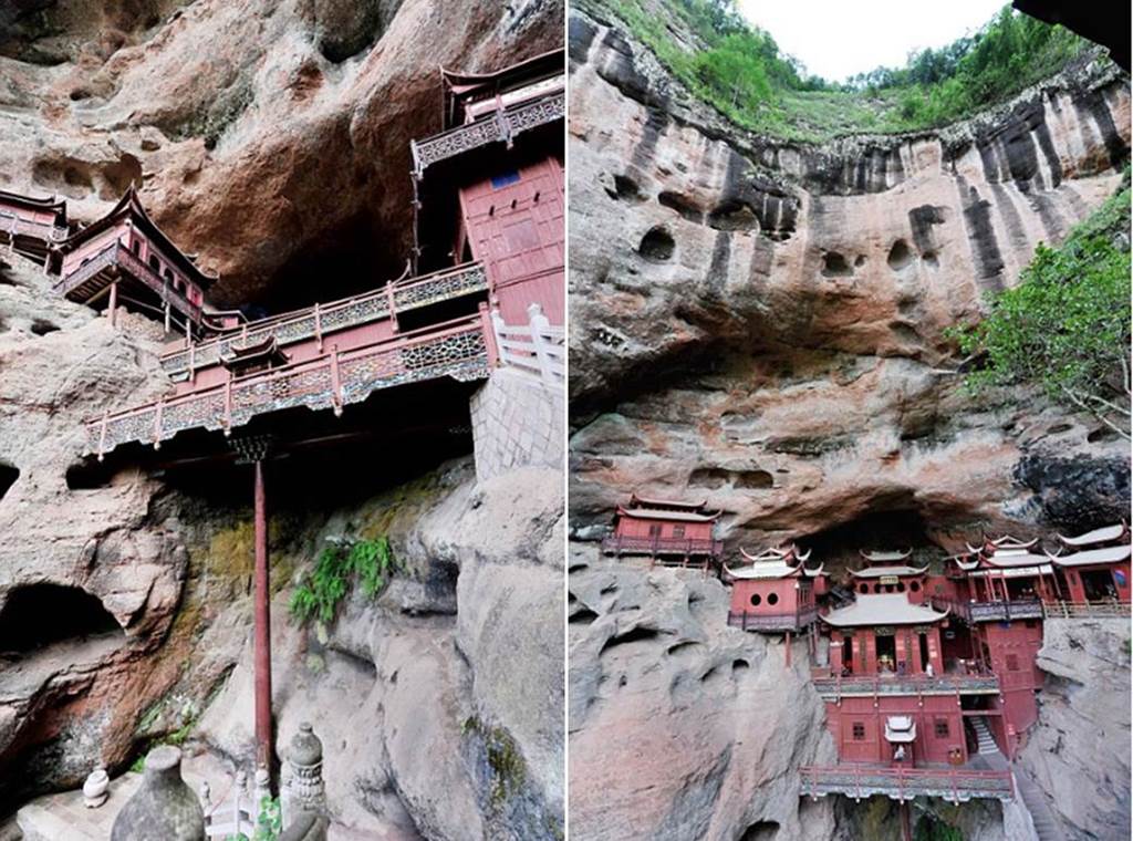 Temple of doom: Worshippers at Chinese holy site better watch their feet as it's carved into a 260ft cliff face