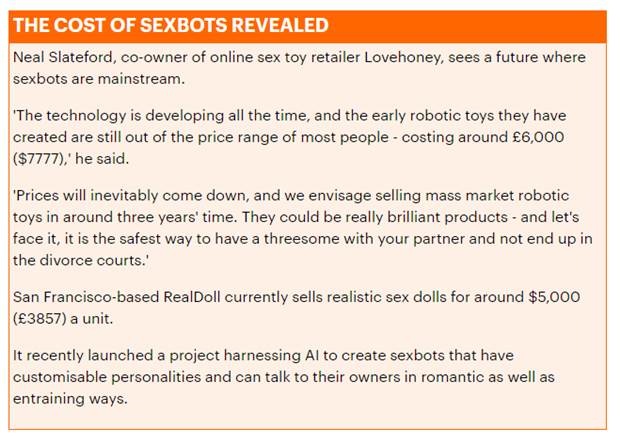 SEXBOTS: The rise of sex robots has been compared to the growth of the e-book 