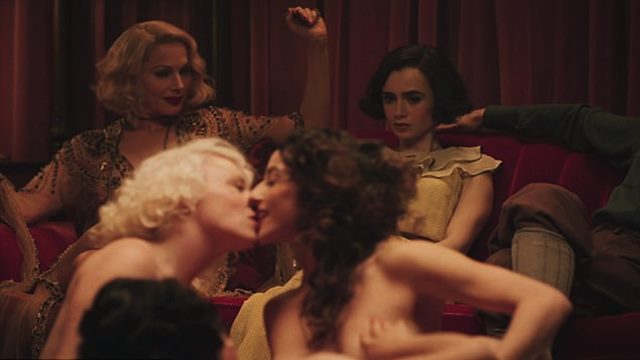 Demure Lily Collins watches naked lesbian orgy unfold in steamy sex 