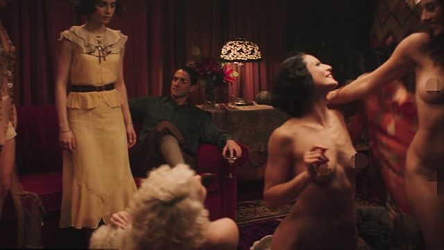 Demure Lily Collins watches naked lesbian orgy unfold in steamy sex 