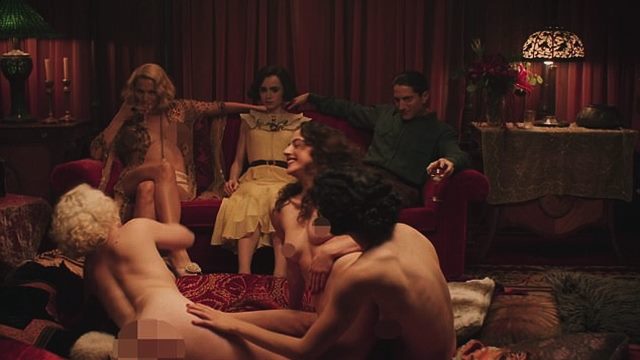 Demure Lily Collins watches naked lesbian orgy unfold in steamy sex 
