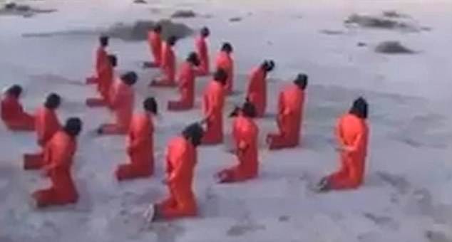 Horrifying video shows 18 blindfolded 'ISIS fighters' in orange jumpsuits being shot in the head from point-blank range in mass execution in Libya