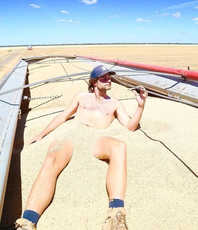 Farmer: Farmer strips down and has a shower with grains
