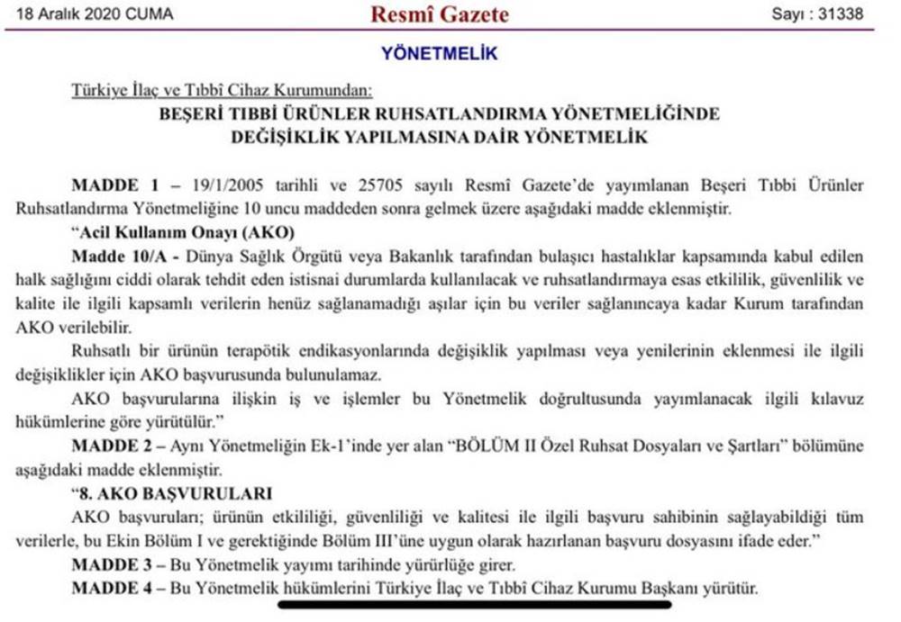 Kapsamlı verilerin henüz sağlanamadığı aşılar için 'acil kullanım onayı' verilebilecek