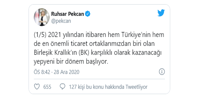 Bakan Pekcan: İngiltere ile imzalanacak 'Serbest Ticaret Anlaşması' Gümrük Birliği'nden sonraki en önemli anlaşma