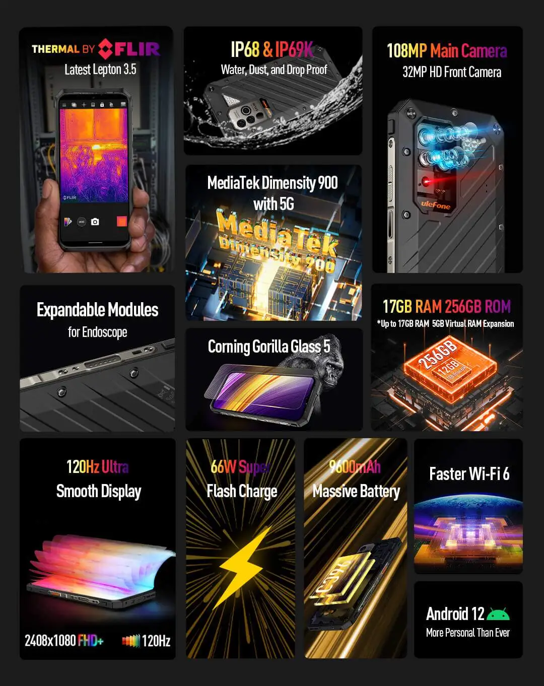 Armor 18T Zırhlı Telefon Termal Kameralı FLIR®Boyut 900 5G 9600mAh 