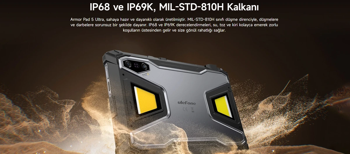 Ulefone Armor Pad 5 Ultra'nın öne çıkan diğer özellikleri arasında IP68/IP69K derecesi, MIL-STD-810H sertifikası.