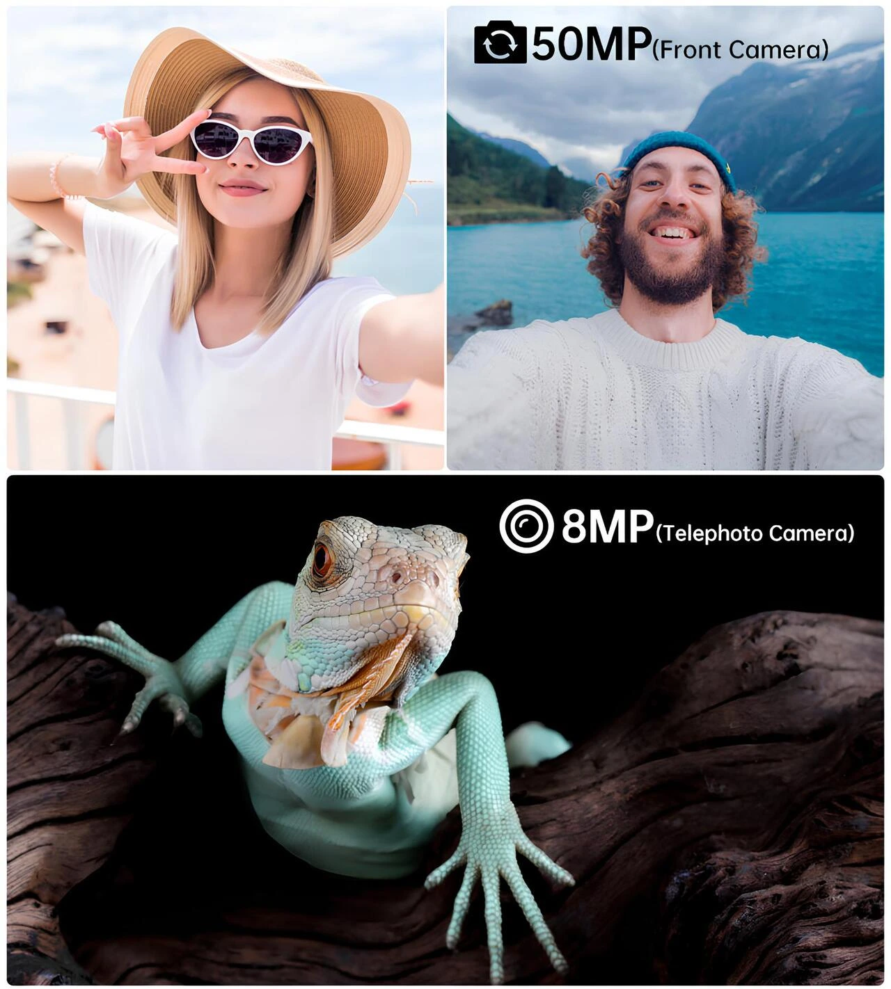 8849 Tank X 5G’nin 50 MP ön kamera selfie performansı ve 8 MP telefoto kamerası ile detaylı yakın çekim örneğini gösteren tanıtım görseli.