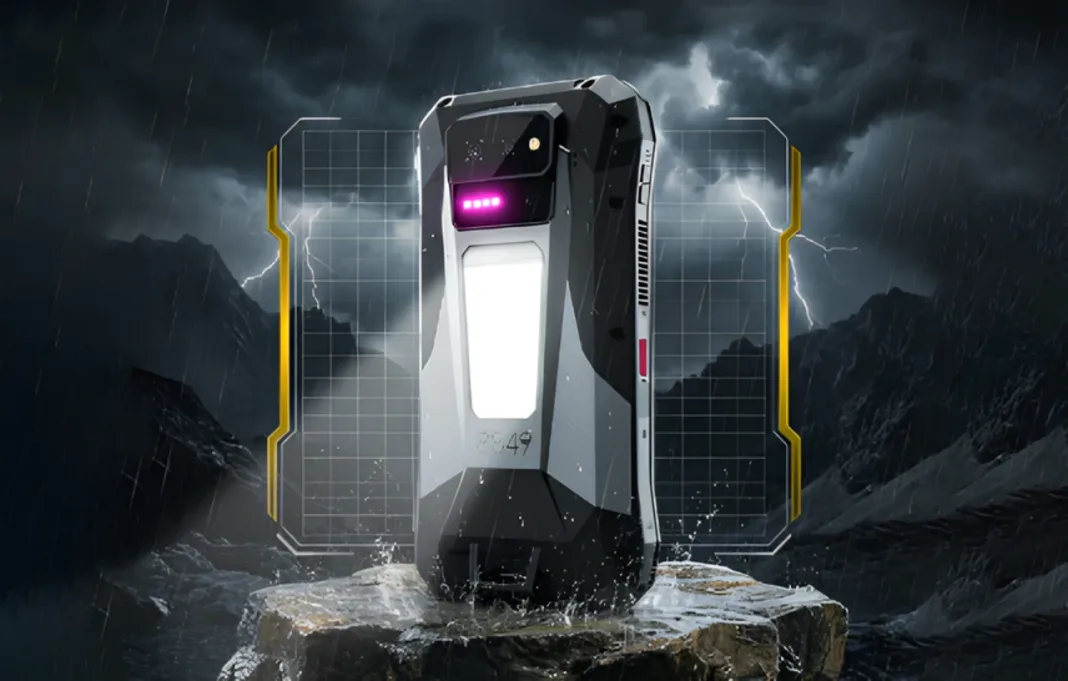 8849 TANK X 5G projeksiyonlu dayanıklı telefonun fırtınalı ve yağışlı dış ortamda IP68 IP69K sertifikalı suya dayanıklı gövde yapısını vurgulayan kapak görseli